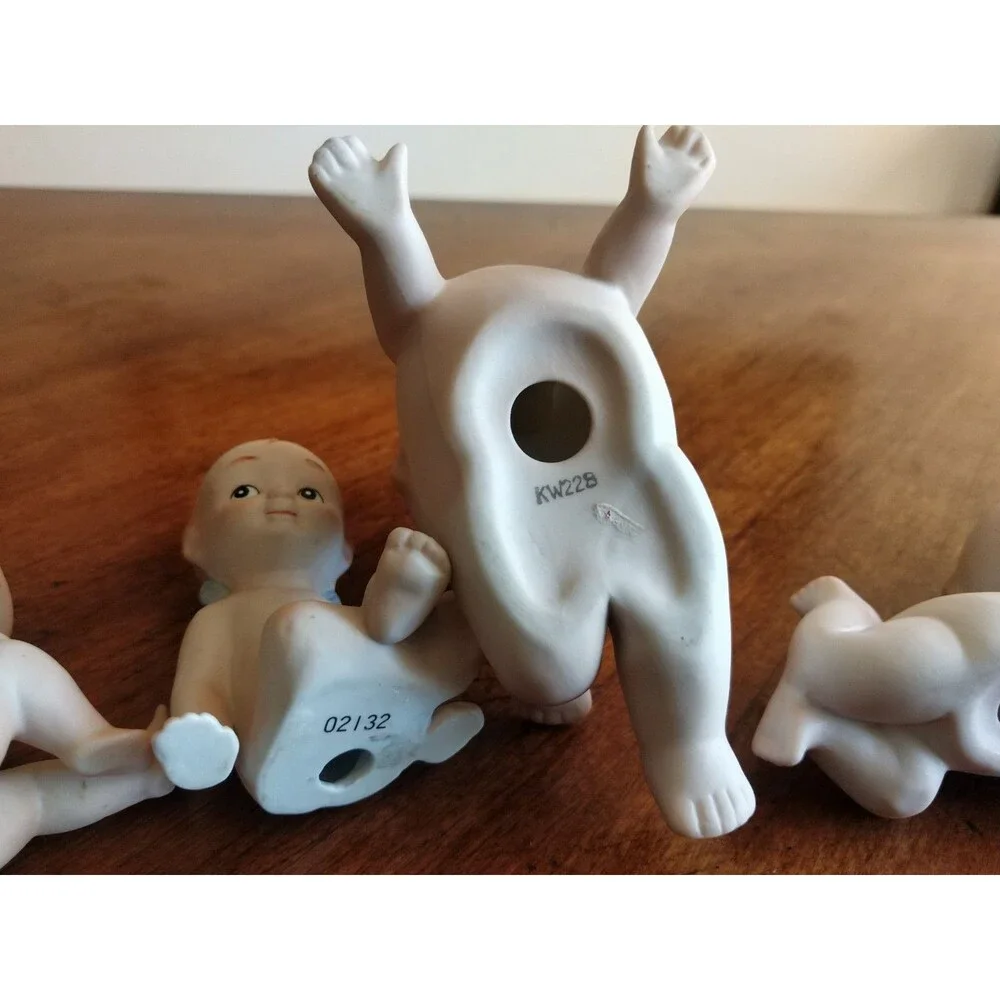 5x Vintage Lefton? Bisque Rose O'Neill Kewpie Doll Blue Wings 4 Mini + 1 Bigger
